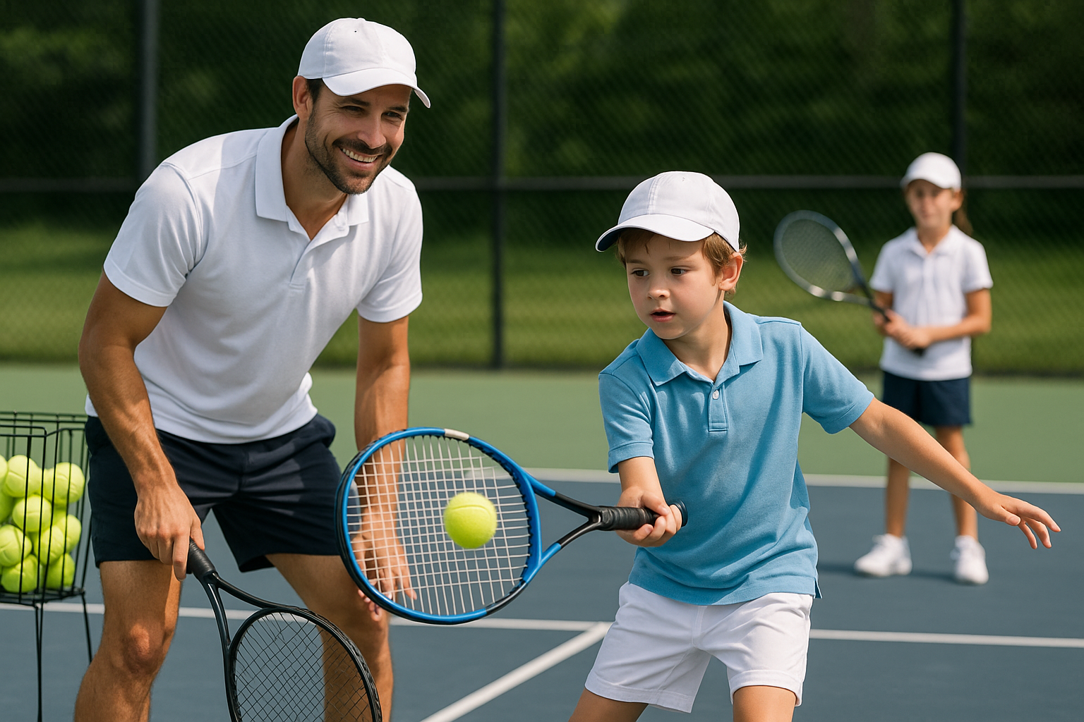 Bannière : enfants et adultes apprenant le tennis sur différents terrains